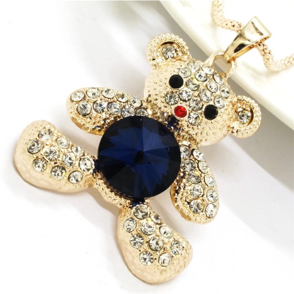 NWT.  Betsey Johnson Gold Blue Crystal Rhinestones Accents Bear Necklace - Picture 4 of 4